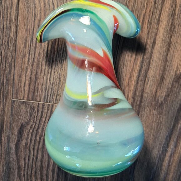 MURANO Italian Hand-Blown Colorful Swirl Vase w/ Crescent Rim - Picture 2 of 10